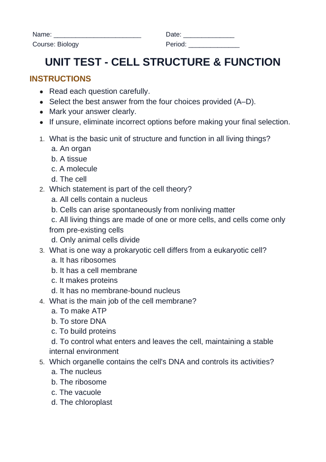Cell Structure & Function Unit Test sample page
