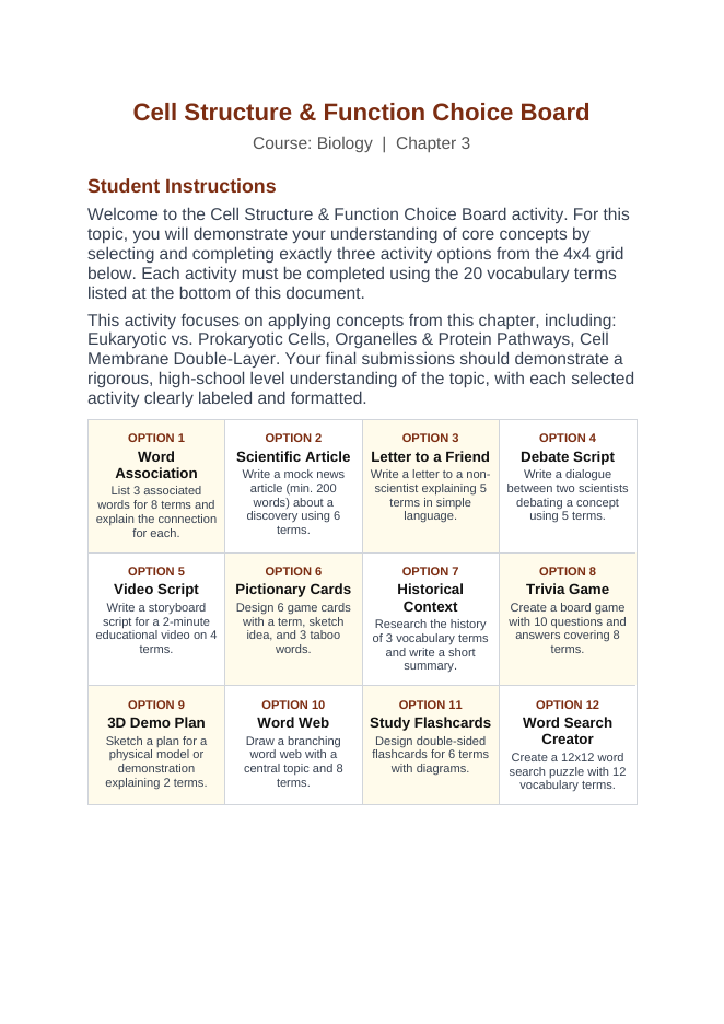 Cell Structure & Function Vocabulary Choice Board sample page