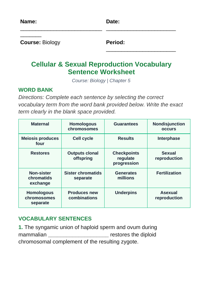 Cellular & Sexual Reproduction Fill-in-the-Blank Vocabulary Worksheet sample page