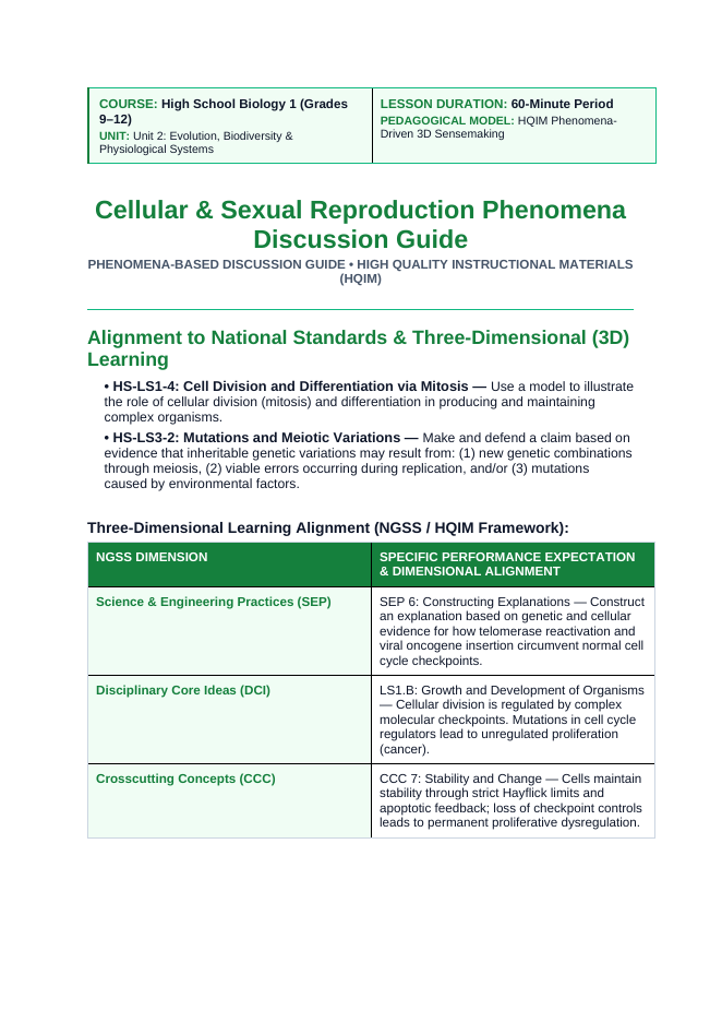 Cellular & Sexual Reproduction Phenomena-Based Lesson: HeLa Immortal Cell Line Teacher Discussion Guide sample page