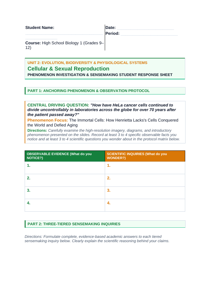 Cellular & Sexual Reproduction Phenomena-Based Lesson: HeLa Immortal Cell Line Student Response Sheet sample page