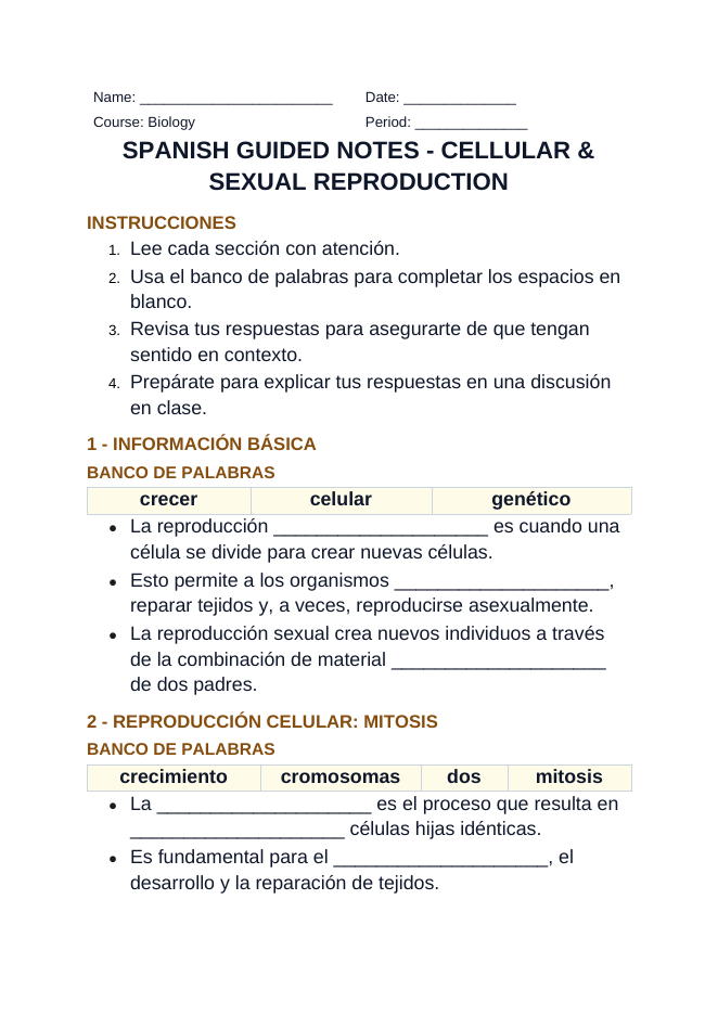 Cellular & Sexual Reproduction Spanish Guided Notes sample page