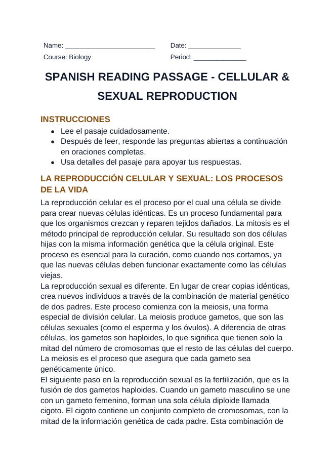 Cellular & Sexual Reproduction Spanish Reading Passage & Comprehension Questions sample page