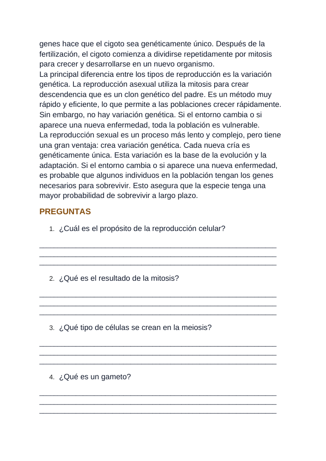 Cellular & Sexual Reproduction Spanish Reading Passage & Comprehension Questions sample page