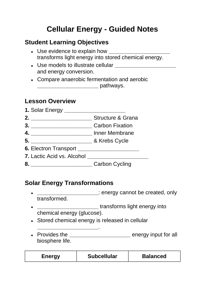 Cellular Energy Guided Notes sample page