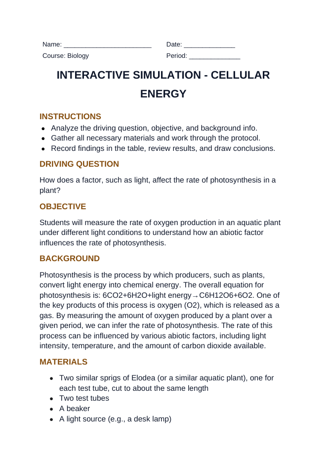 Cellular Energy Interactive Simulation sample page