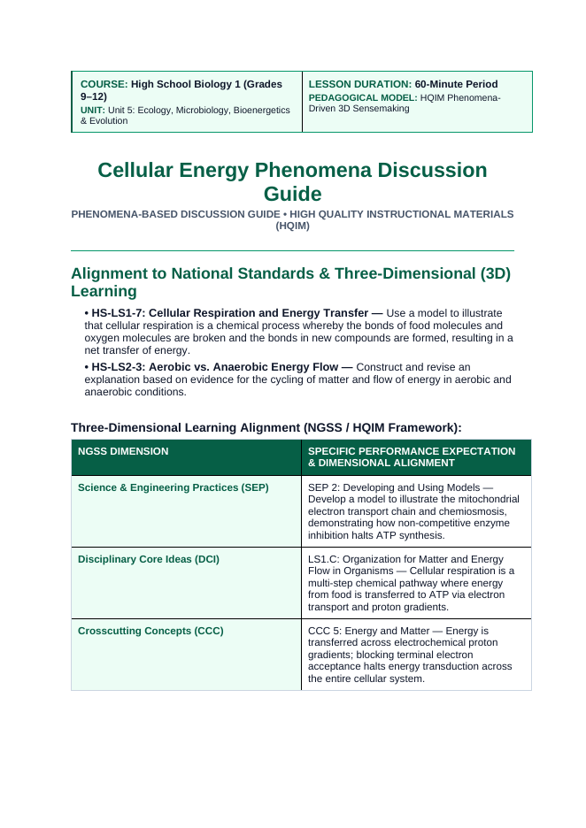 Cellular Energy Phenomena-Based Lesson: Cyanide Mitochondrial Inhibition Teacher Discussion Guide sample page