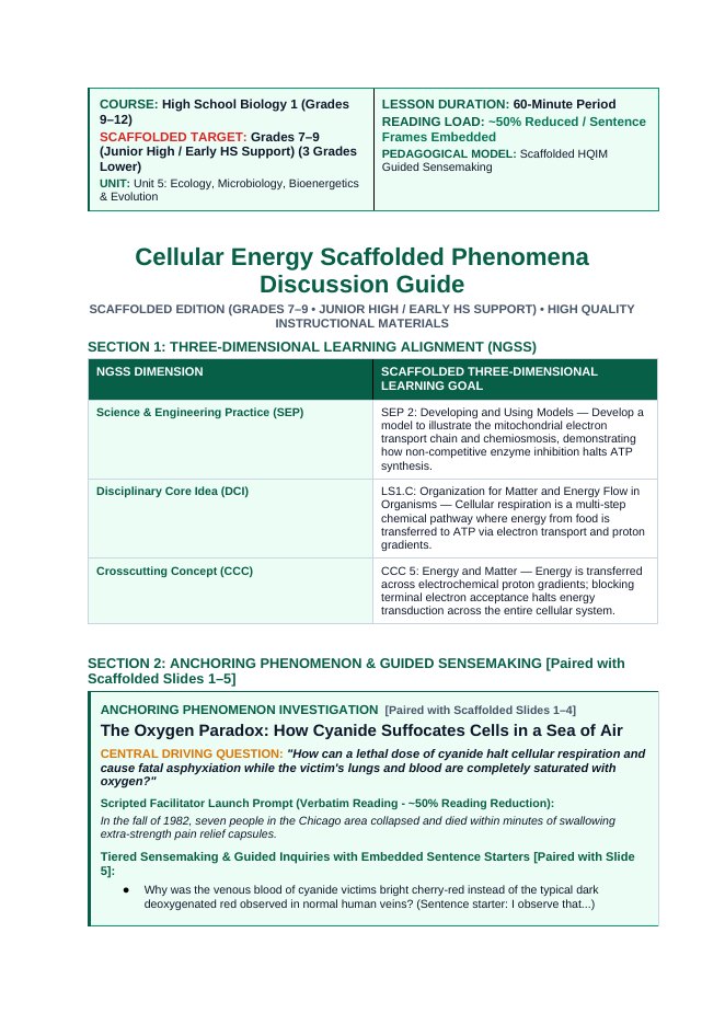 Cellular Energy Scaffolded Phenomena-Based Lesson: Cyanide Mitochondrial Inhibition Teacher Discussion Guide sample page