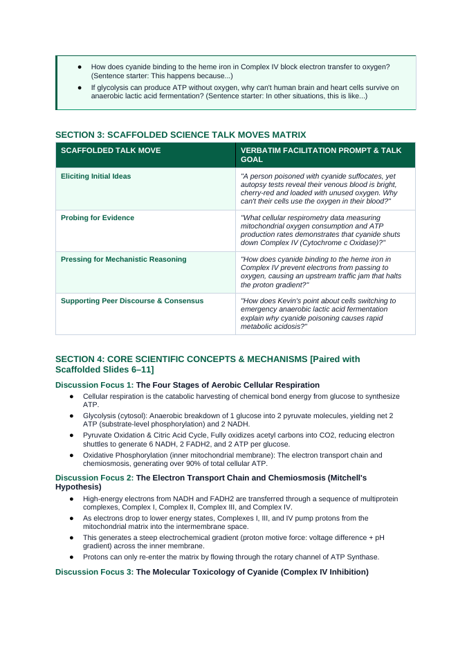 Cellular Energy Scaffolded Phenomena-Based Lesson: Cyanide Mitochondrial Inhibition Teacher Discussion Guide sample page