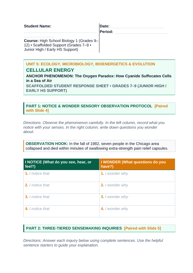 Cellular Energy Scaffolded Phenomena-Based Lesson: Cyanide Mitochondrial Inhibition Student Response Sheet sample page