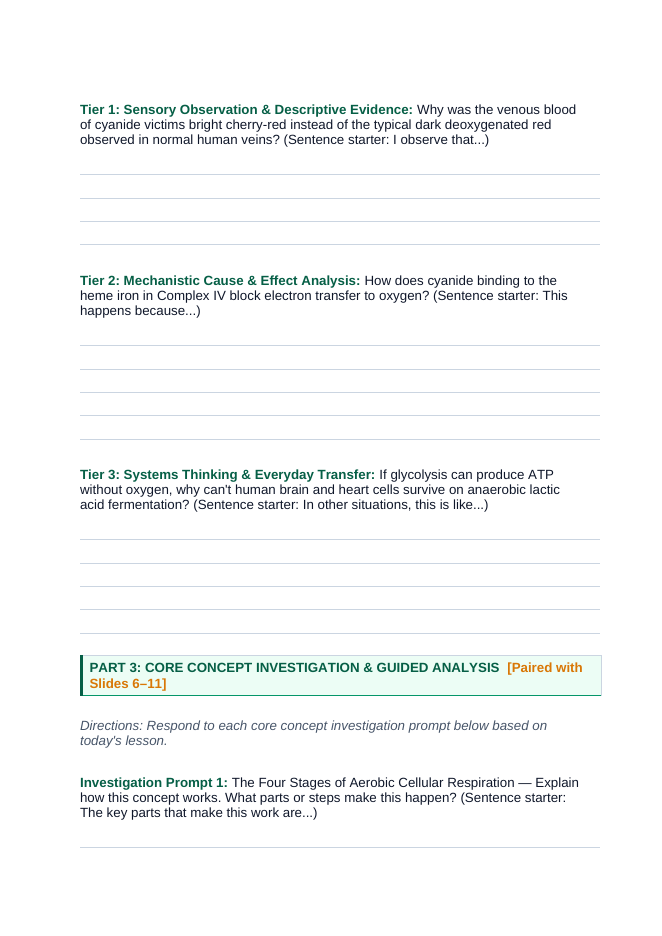 Cellular Energy Scaffolded Phenomena-Based Lesson: Cyanide Mitochondrial Inhibition Student Response Sheet sample page