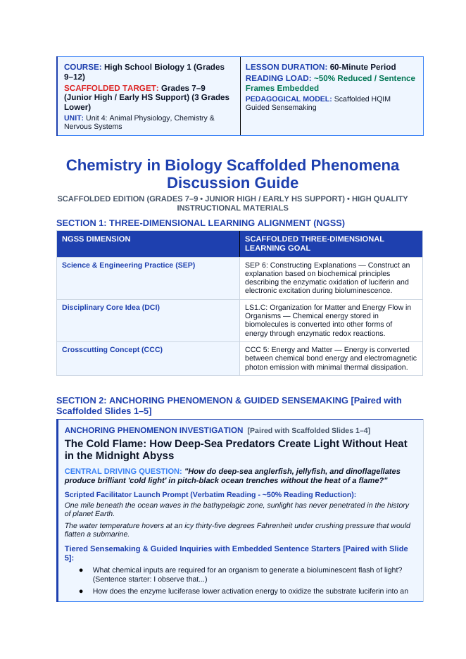 Chemistry in Biology Scaffolded Phenomena-Based Lesson: Deep Sea Bioluminescence Teacher Discussion Guide sample page