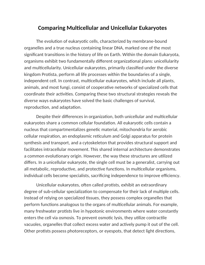 Comparing Multicellular and Unicellular Eukaryotes Reading Worksheet sample page