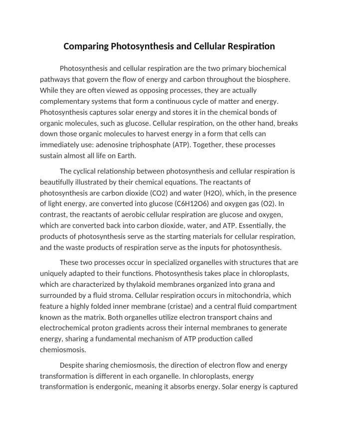 Comparing Photosynthesis and Cellular Respiration Reading Worksheet sample page