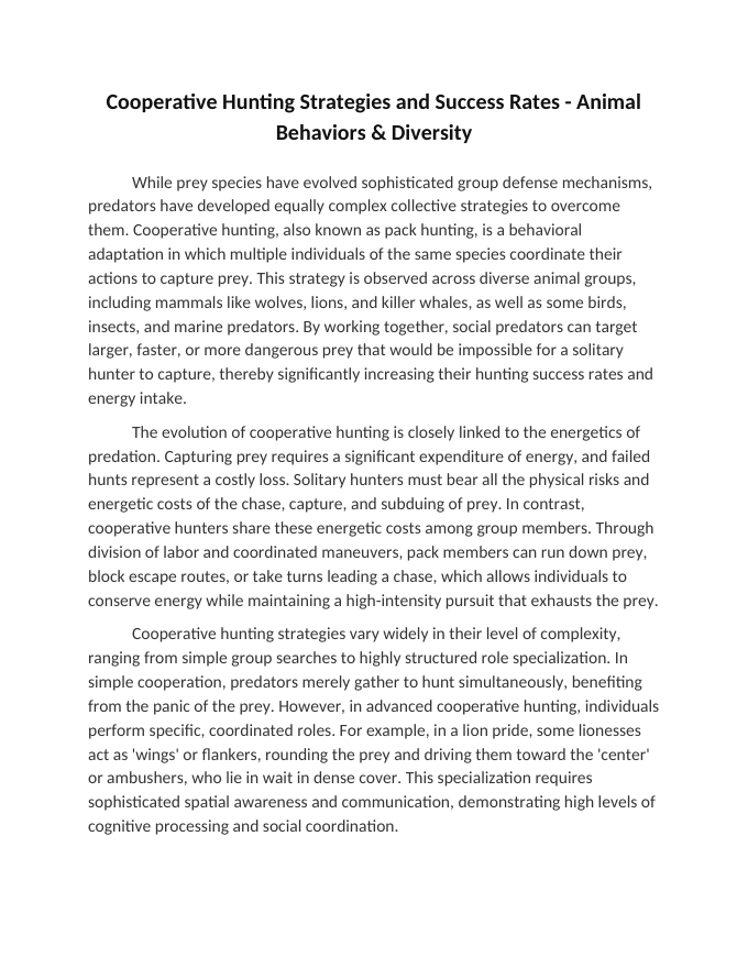 Cooperative Hunting Strategies and Success Rates Reading Worksheet sample page