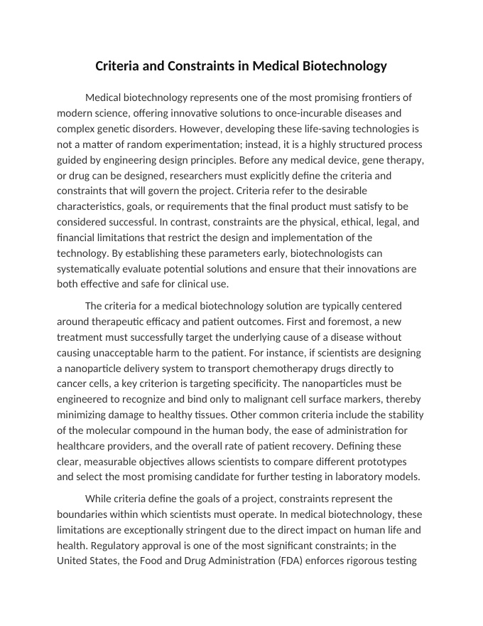 Criteria and Constraints in Medical Biotechnology Reading Worksheet sample page