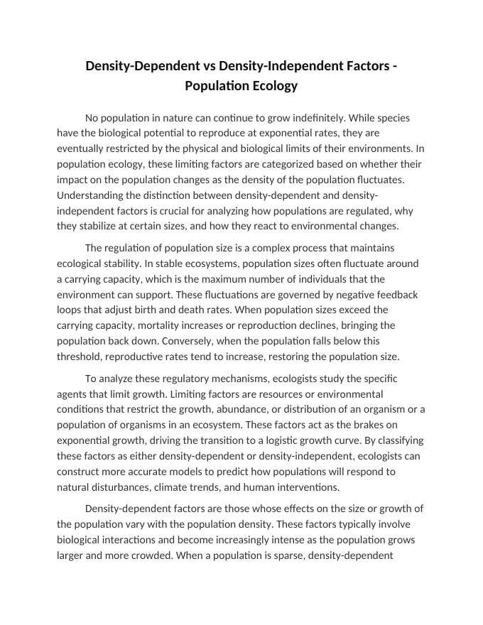 Density-Dependent vs Density-Independent Factors Reading Worksheet sample page