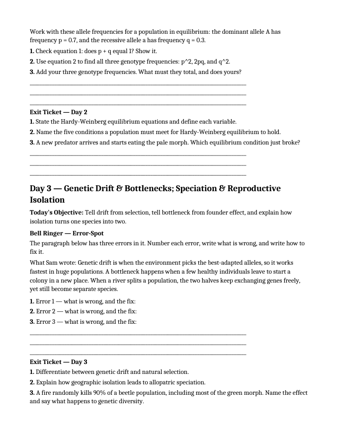 Evolution Bell Ringers & Exit Tickets sample page