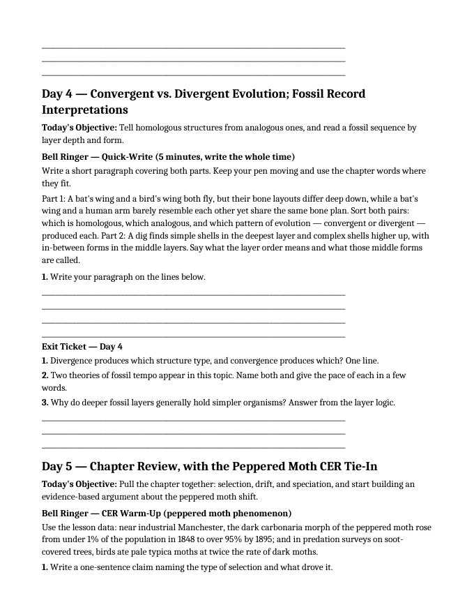 Evolution Bell Ringers & Exit Tickets sample page
