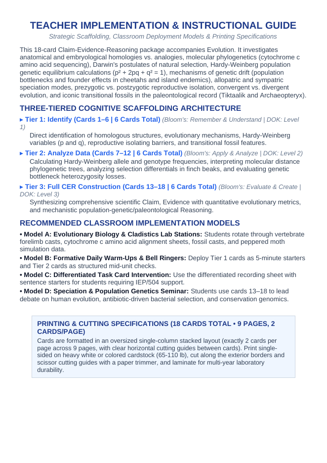 Evolution CER Task Cards sample page