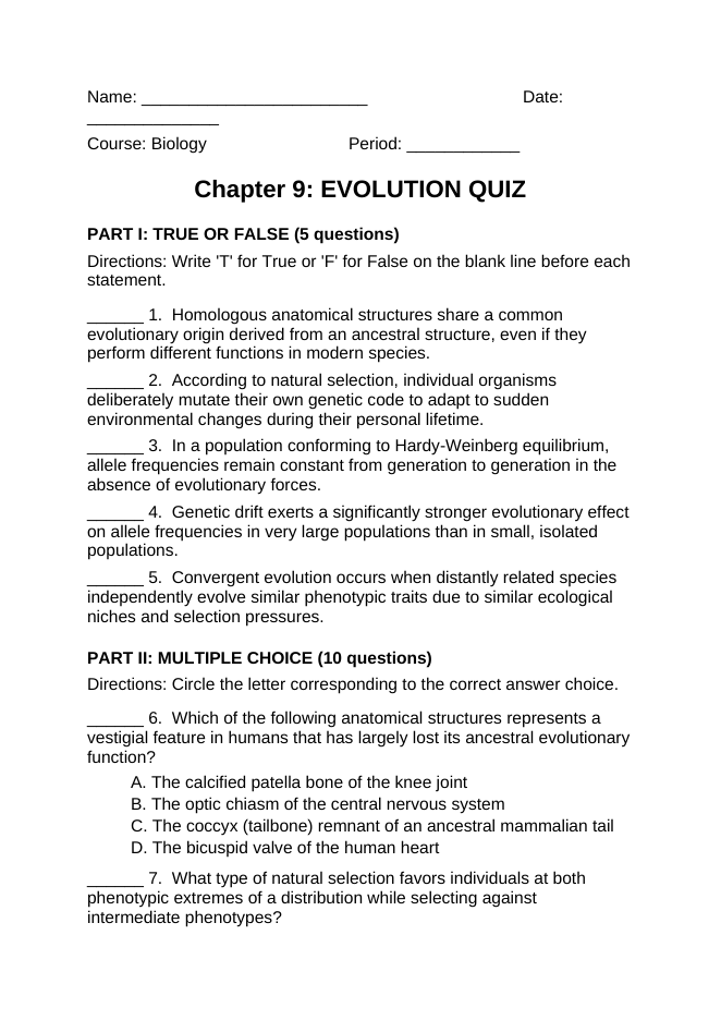 Evolution Lesson Quiz sample page