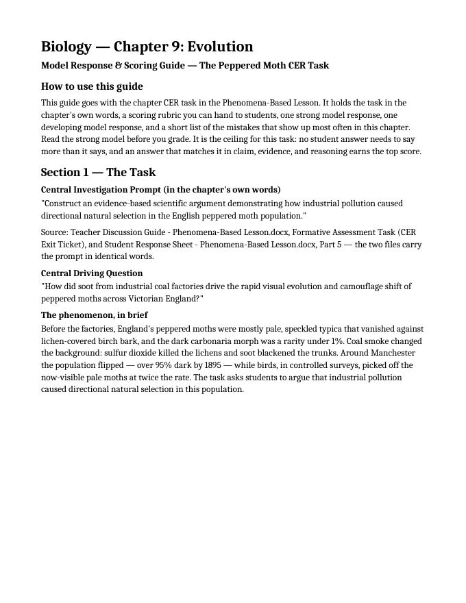 Evolution Model Response & Scoring Guide sample page