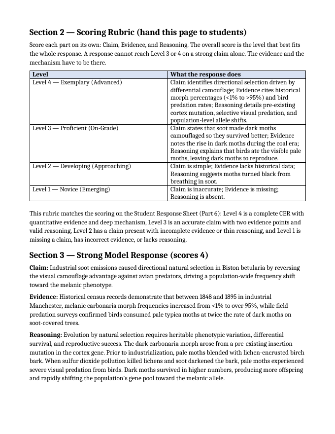 Evolution Model Response & Scoring Guide sample page