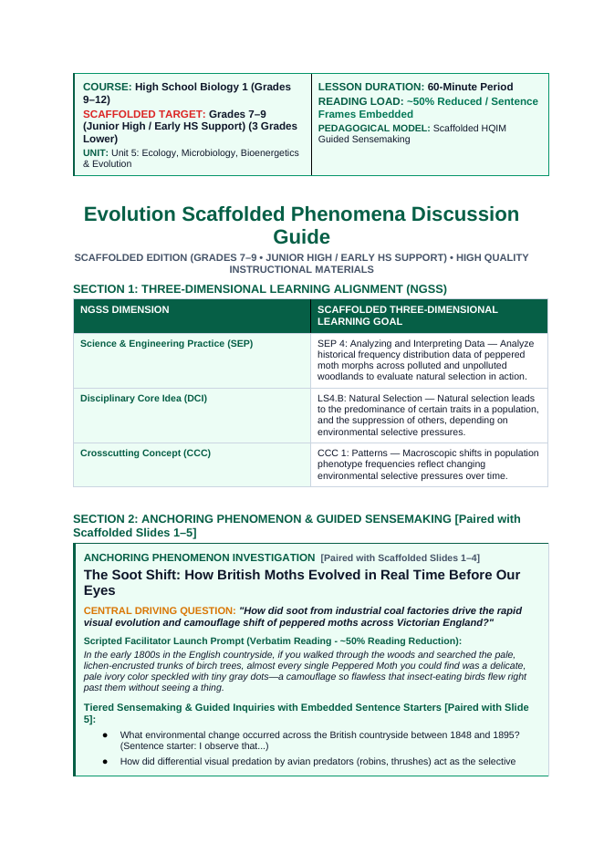 Evolution Scaffolded Phenomena-Based Lesson: Peppered Moth Natural Selection Teacher Discussion Guide sample page