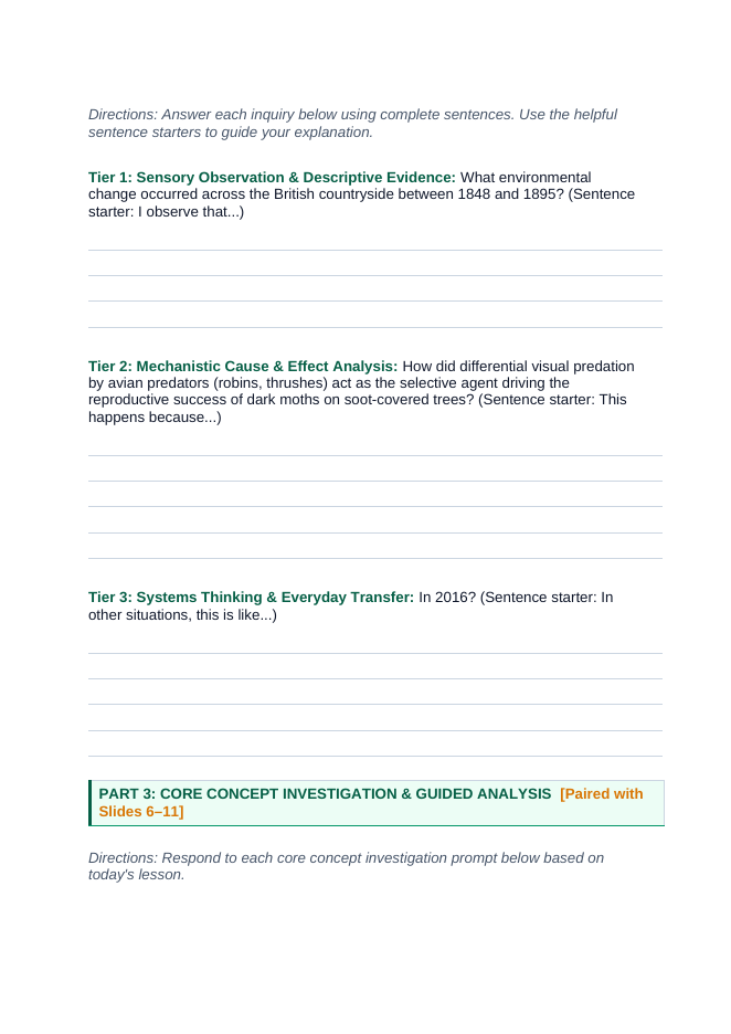 Evolution Scaffolded Phenomena-Based Lesson: Peppered Moth Natural Selection Student Response Sheet sample page