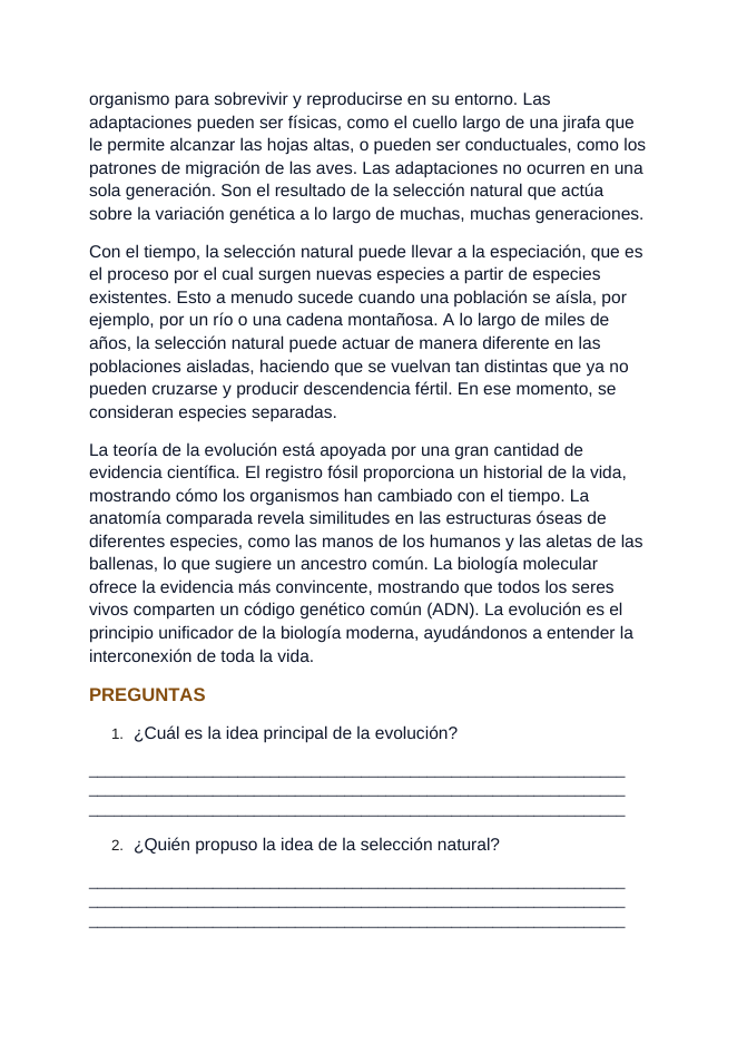 Evolution Spanish Reading Passage & Comprehension Questions sample page
