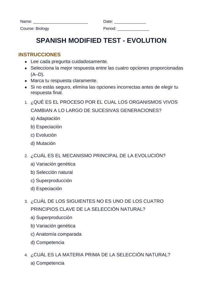 Evolution Spanish Unit Test sample page