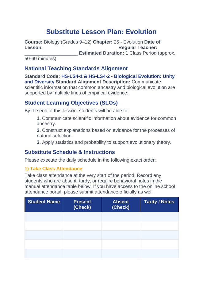 Evolution Substitute Lesson Plan sample page
