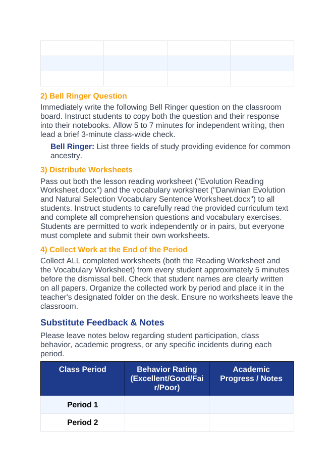 Evolution Substitute Lesson Plan sample page