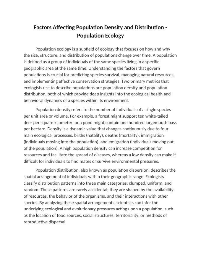Factors Affecting Population Density and Distribution Reading Worksheet sample page