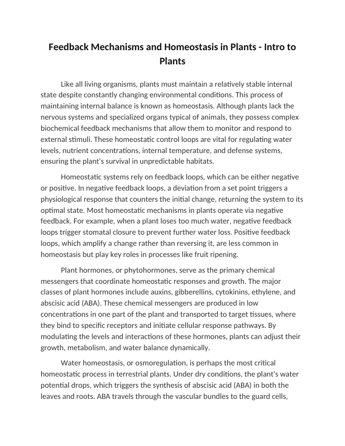 Feedback Mechanisms and Homeostasis in Plants Reading Worksheet sample page