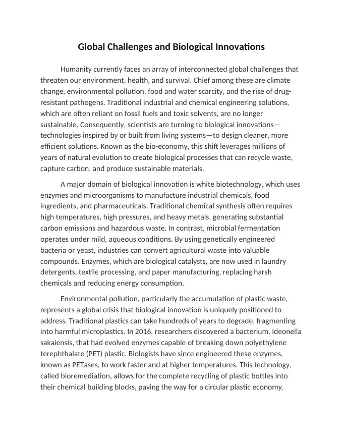 Global Challenges and Biological Innovations Reading Worksheet sample page