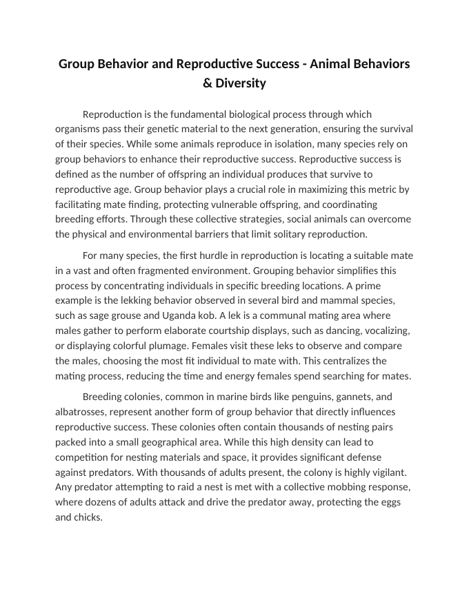 Group Behavior and Reproductive Success Reading Worksheet sample page