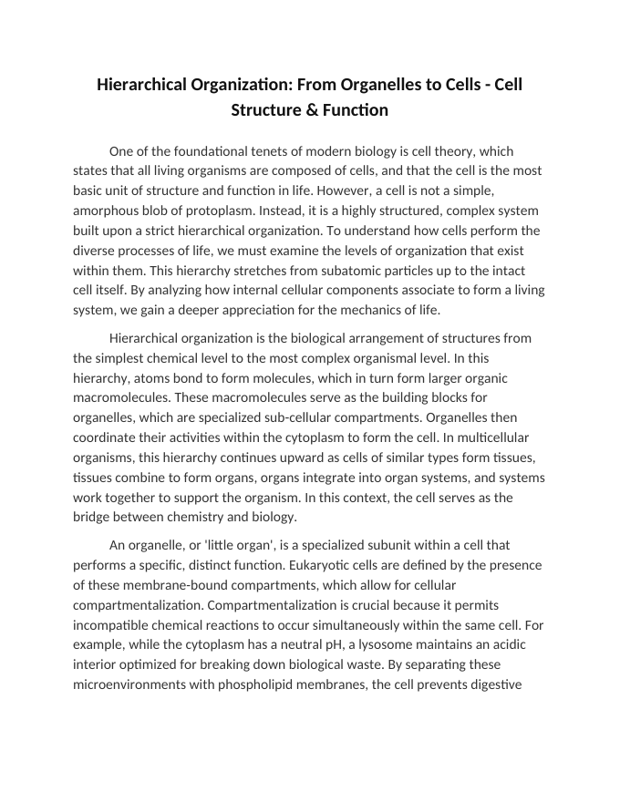 Hierarchical Organization: From Organelles to Cells Reading Worksheet sample page