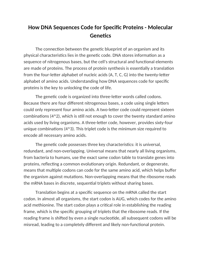 How DNA Sequences Code for Specific Proteins Reading Worksheet sample page