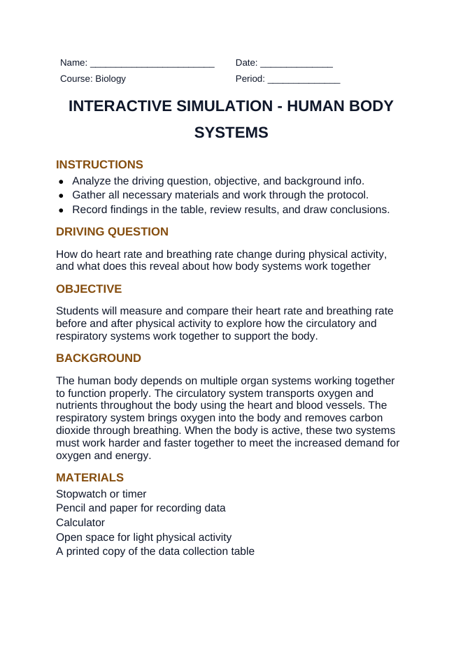 Human Body Systems Interactive Simulation sample page