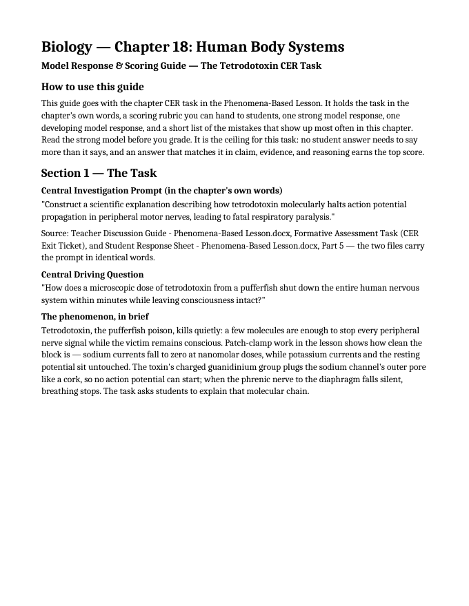 Human Body Systems Model Response & Scoring Guide sample page