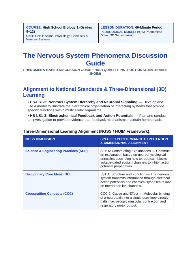 Human Body Systems Phenomena-Based Lesson: Pufferfish Tetrodotoxin Paralysis Teacher Discussion Guide sample page