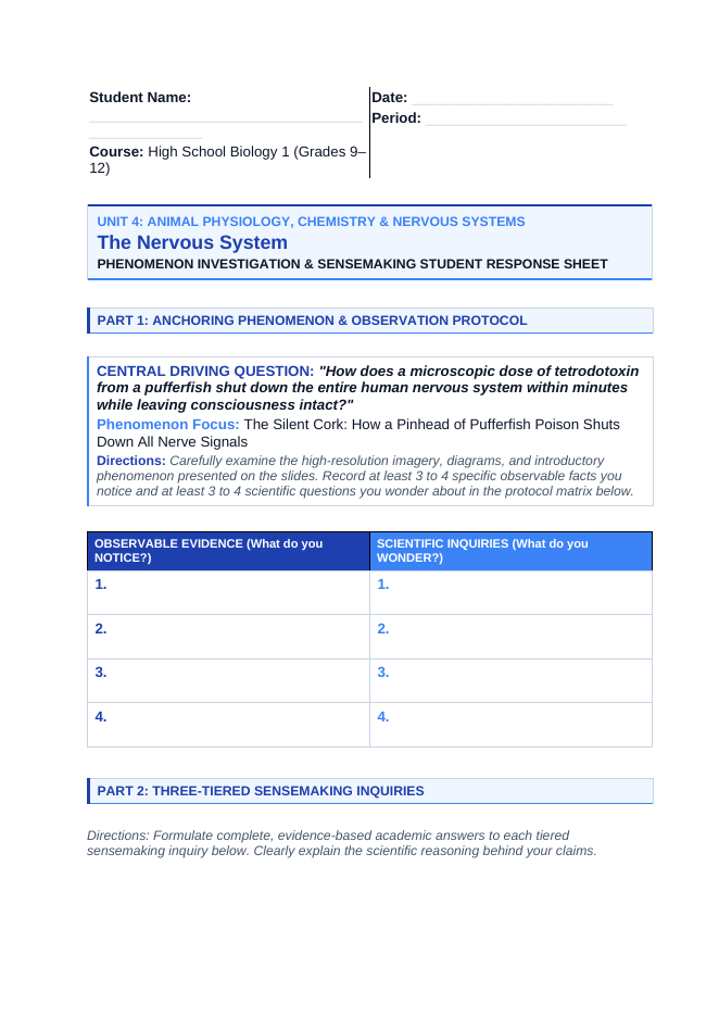Human Body Systems Phenomena-Based Lesson: Pufferfish Tetrodotoxin Paralysis Student Response Sheet sample page