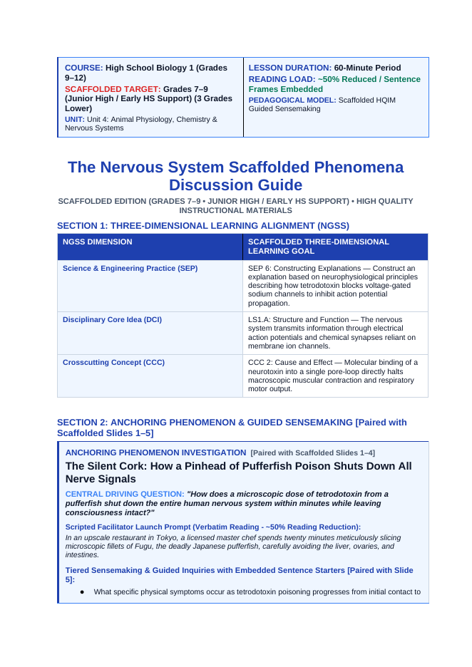 Human Body Systems Scaffolded Phenomena-Based Lesson: Pufferfish Tetrodotoxin Paralysis Teacher Discussion Guide sample page