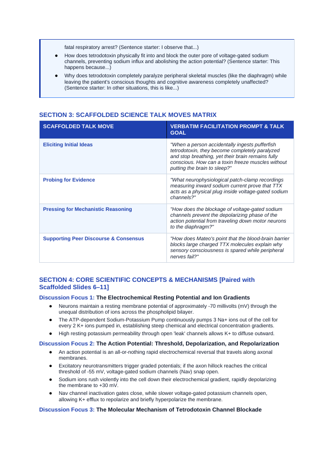 Human Body Systems Scaffolded Phenomena-Based Lesson: Pufferfish Tetrodotoxin Paralysis Teacher Discussion Guide sample page