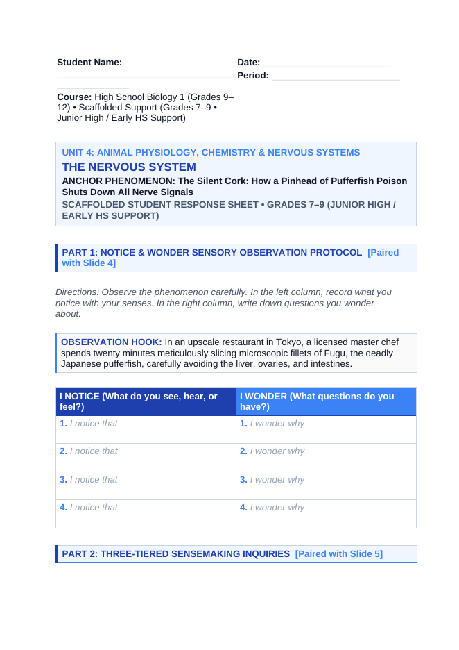 Human Body Systems Scaffolded Phenomena-Based Lesson: Pufferfish Tetrodotoxin Paralysis Student Response Sheet sample page