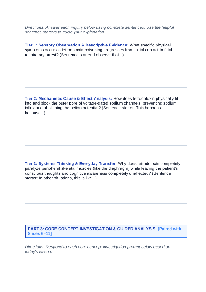 Human Body Systems Scaffolded Phenomena-Based Lesson: Pufferfish Tetrodotoxin Paralysis Student Response Sheet sample page