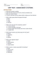 Human Body Systems Unit Test sample page