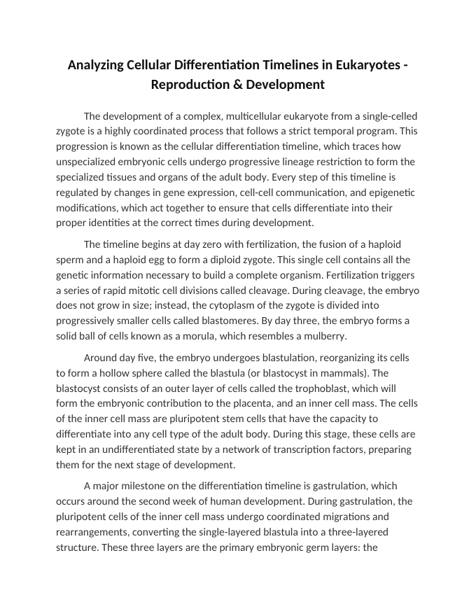Analyzing Cellular Differentiation Timelines in Eukaryotes Reading Worksheet sample page