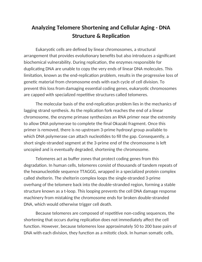 Analyzing Telomere Shortening and Cellular Aging Reading Worksheet sample page
